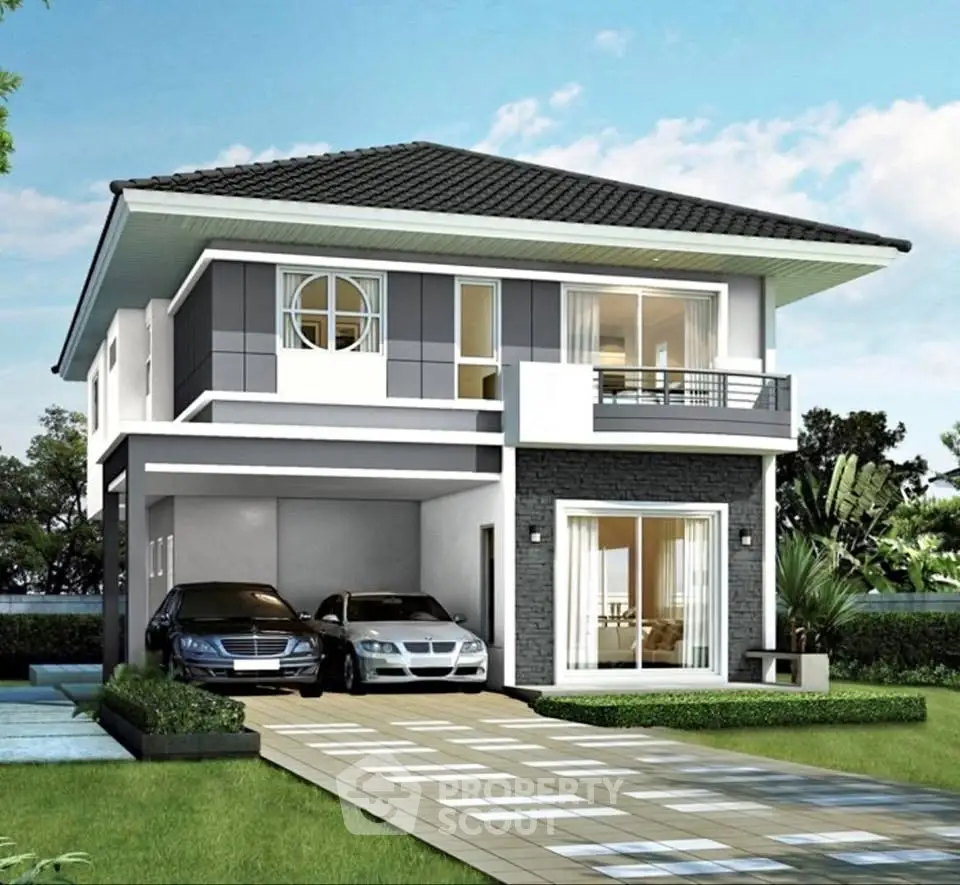 Modern two-story house with driveway and parked cars, featuring sleek design and lush surroundings.