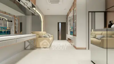 Modern living room with sleek design and neutral tones, featuring a comfortable sofa and stylish decor.