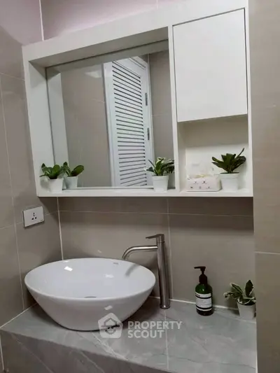 Modern bathroom with sleek sink and mirror cabinet, accented by small potted plants.
