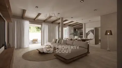 Spacious living room with modern decor and open layout, featuring wooden beams and natural light.