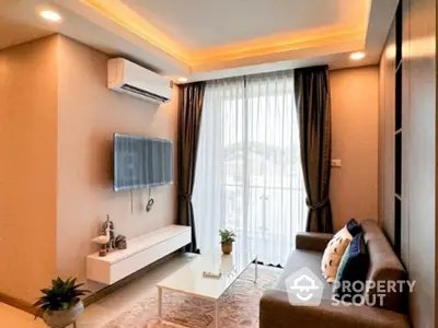 Elegant living room with ambient lighting, modern furniture, and plush sofa set, perfect for comfortable urban living.