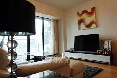 Modern living room with stylish decor and city view