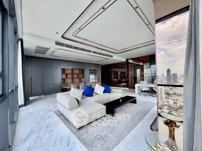 Luxurious modern living room with panoramic city view and elegant decor.