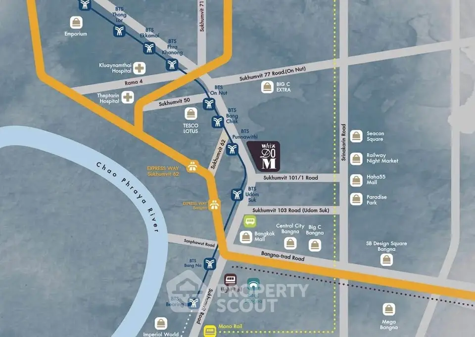 Map showing real estate location near Chao Phraya River with nearby amenities and transport links.