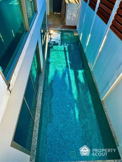 Luxurious narrow swimming pool alongside modern building with glass windows