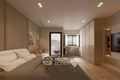 Luxurious bedroom with modern decor and stunning mountain view from balcony.