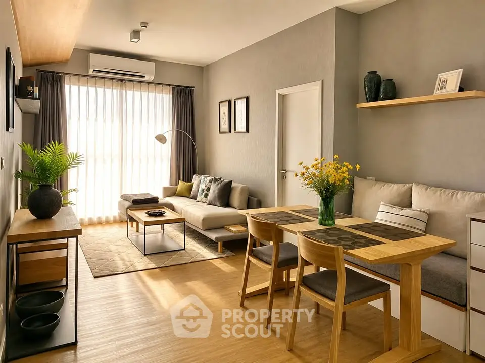 Stylish modern living room with natural light, cozy seating, and elegant decor.