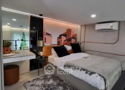 Modern bedroom with stylish decor and air conditioning in a luxury apartment