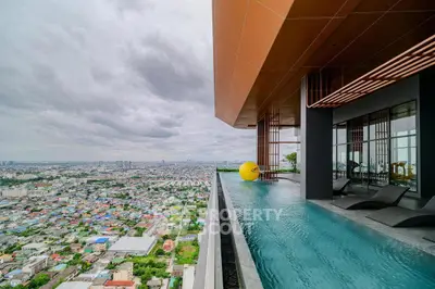 Luxurious rooftop pool with stunning cityscape view from high-rise building.