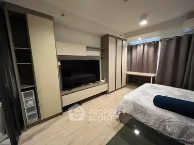 Modern bedroom with built-in storage and cozy decor