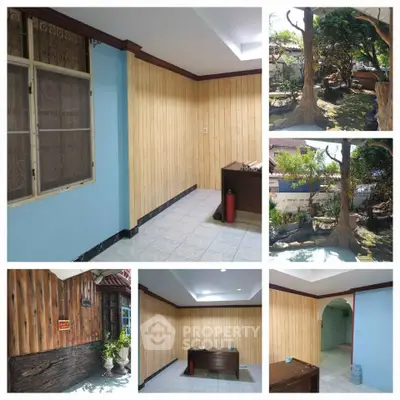 Charming property with unique wooden interior and lush garden views.