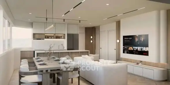 Modern open-plan living room with sleek kitchen and dining area, featuring contemporary furniture and stylish lighting.