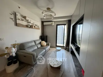 Modern living room with stylish decor and city view from large window