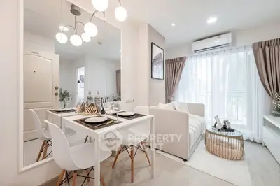 Modern living room with elegant dining area and natural light