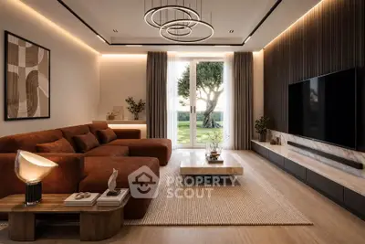 Luxurious modern living room with elegant lighting and stylish decor, featuring a large window with a scenic view.
