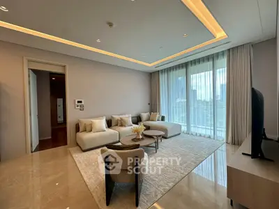 Luxurious modern living room with elegant furniture and large windows offering city views.