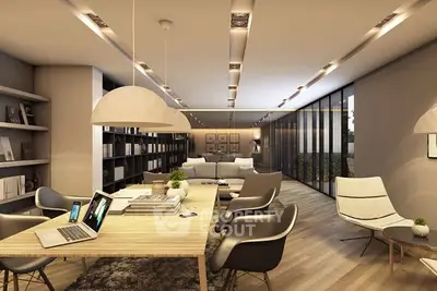 Modern open-plan living room with sleek furniture and abundant natural light.