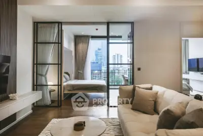 Modern open-plan living room with city view and elegant decor