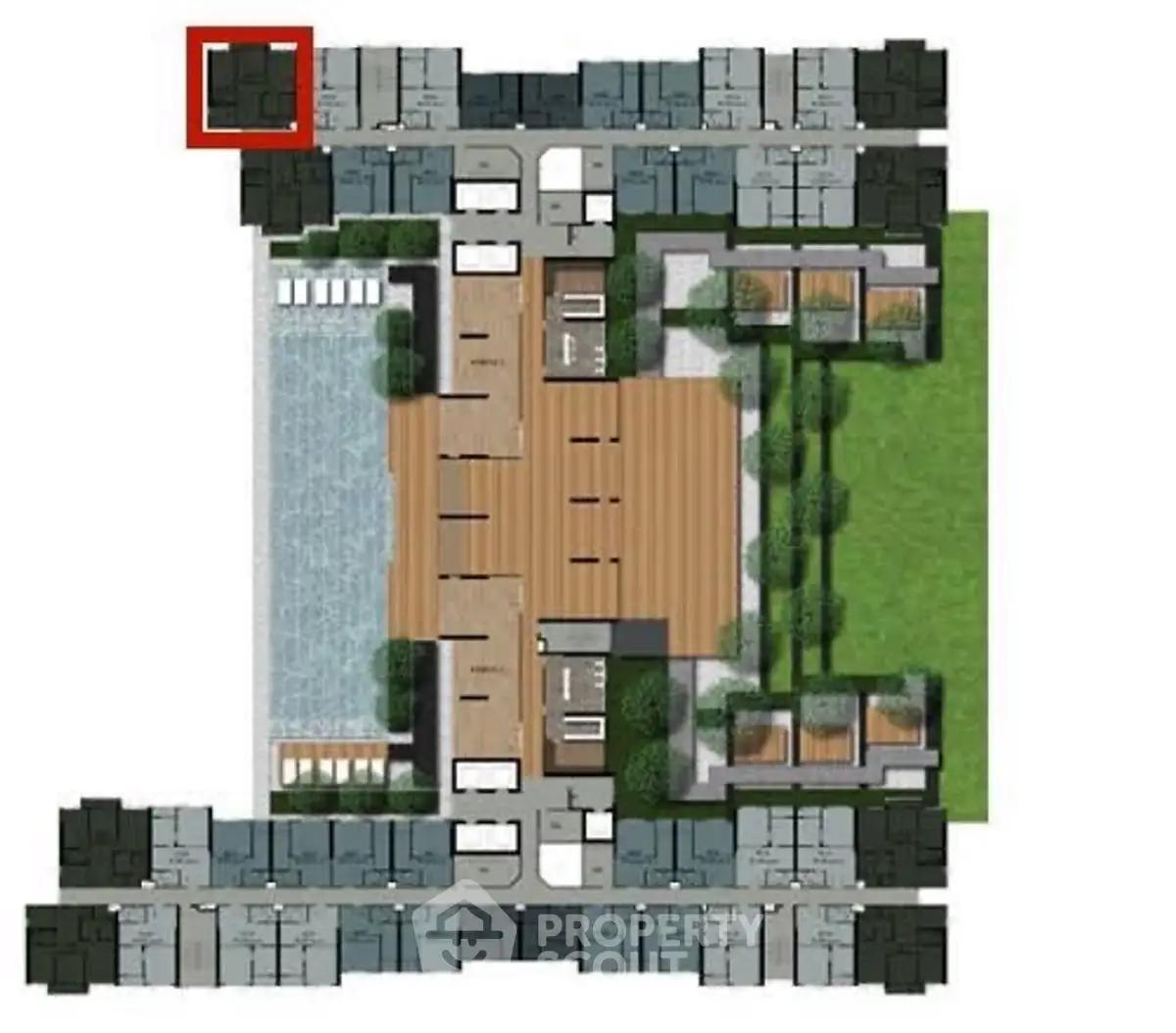 Modern apartment complex floor plan with pool and garden areas, showcasing a spacious layout.