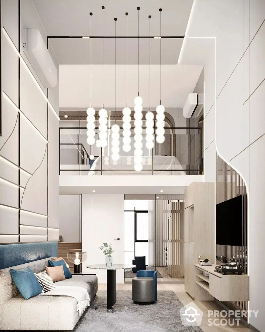 Luxurious double-height living room with modern mezzanine bedroom, elegant lighting, and chic minimalist decor in a high-end urban apartment.