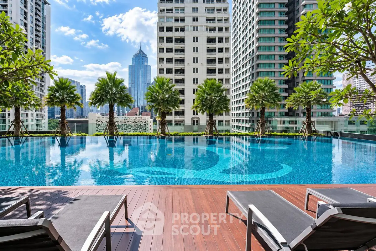 Luxurious rooftop pool with city skyline view and modern lounge chairs, perfect for relaxation and leisure.