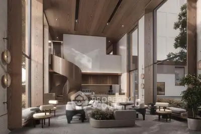 Luxurious modern living room with high ceilings and spiral staircase in elegant apartment.