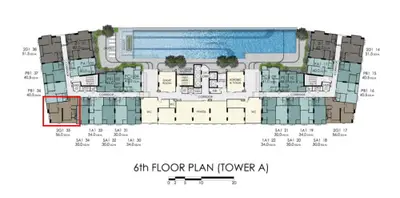 6th floor plan of Tower A with pool and various unit layouts.