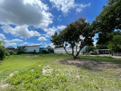 Spacious green garden with clear blue sky and trees, perfect for outdoor activities.