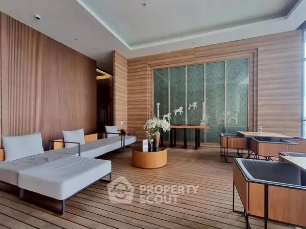 Luxurious modern living room with elegant wooden decor and stylish furniture
