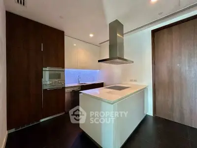 Modern kitchen with sleek cabinetry and island in luxury apartment