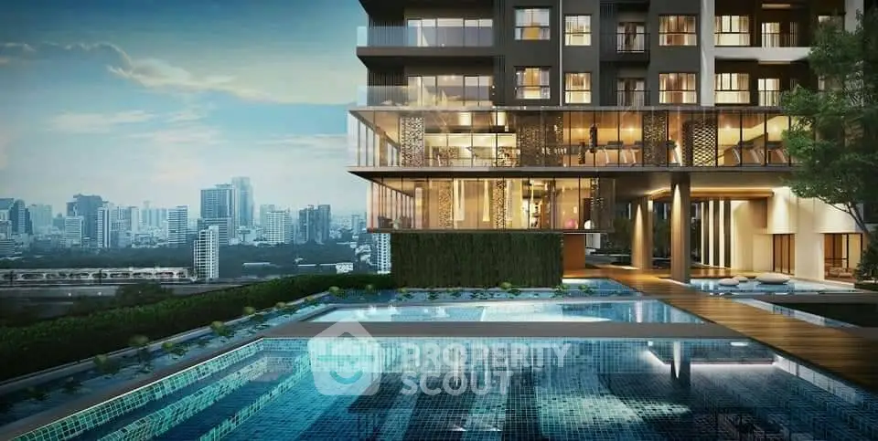 Luxurious modern apartment building with stunning city view and elegant poolside area.