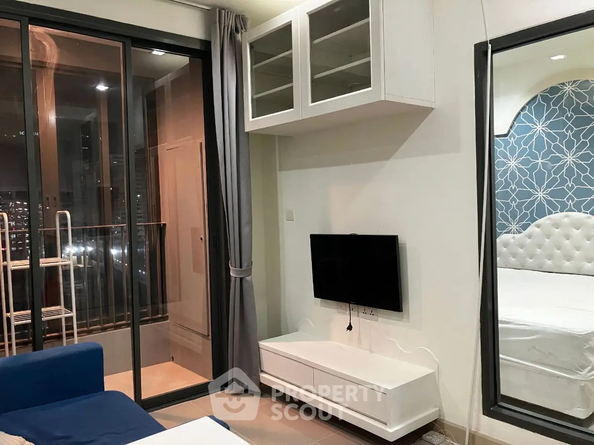 Modern living room with balcony view in a stylish apartment