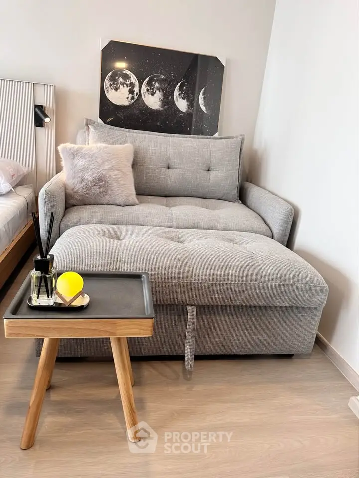 Stylish modern living room with cozy gray sofa and chic decor