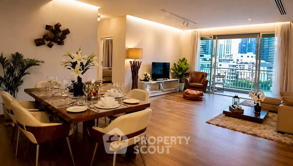 Luxurious open-plan living room with dining area and city view balcony, featuring elegant decor and modern furnishings.