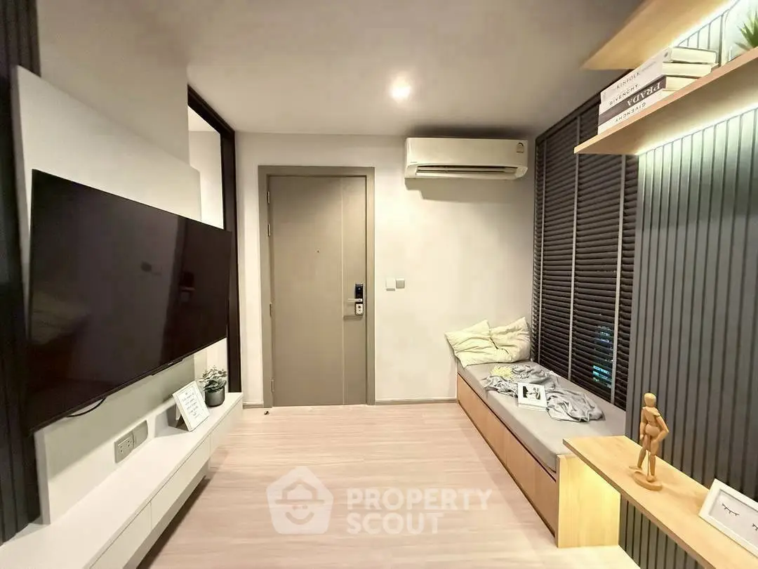 Modern living room with sleek design and wall-mounted TV