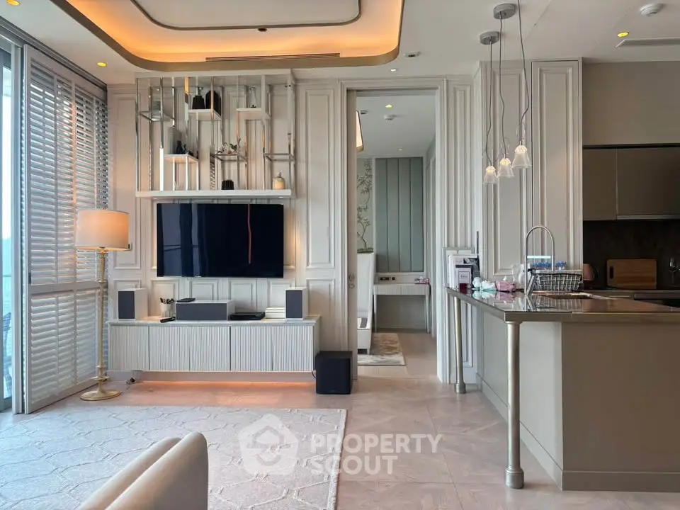 Luxurious modern living room with open kitchen and elegant decor