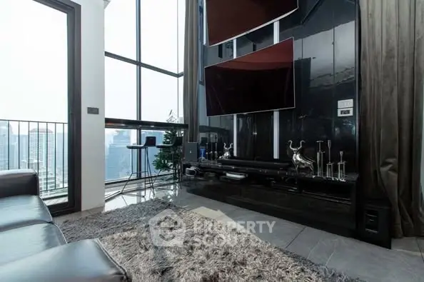 Luxurious living room with modern decor and stunning city view