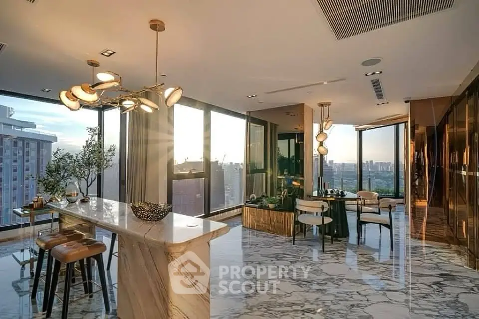 Luxurious modern living room with marble floors and panoramic city views