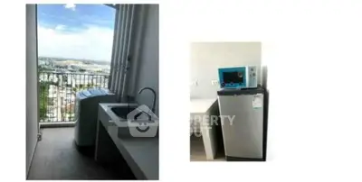 Modern apartment with balcony view and sleek appliances, perfect for urban living.