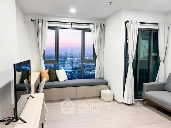 Modern living room with panoramic city view and stylish decor