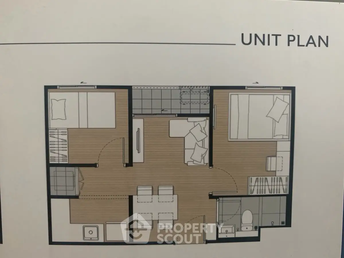 Modern unit plan showcasing efficient layout with two bedrooms and open living space.