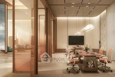 Luxurious modern office space with elegant design and high-end furnishings, perfect for professional meetings.
