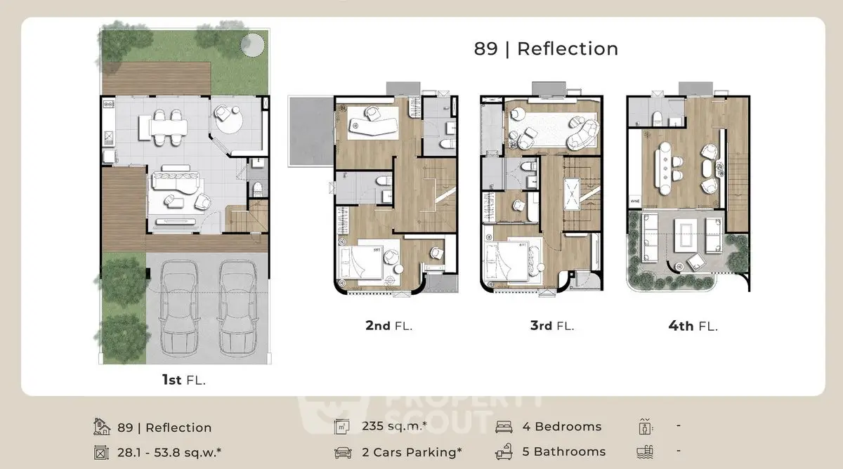 Modern multi-level floor plan with spacious rooms and parking for two cars, featuring four bedrooms and five bathrooms.
