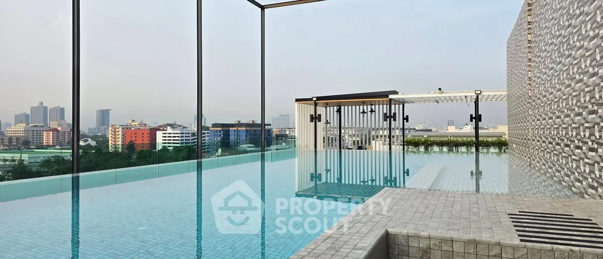 Luxurious rooftop infinity pool with stunning city skyline views and modern architectural design.