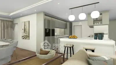 Modern open-plan kitchen and living area with sleek design and neutral tones.