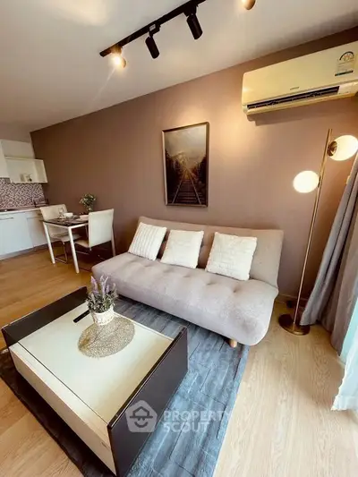 Modern living room with stylish decor and cozy seating area