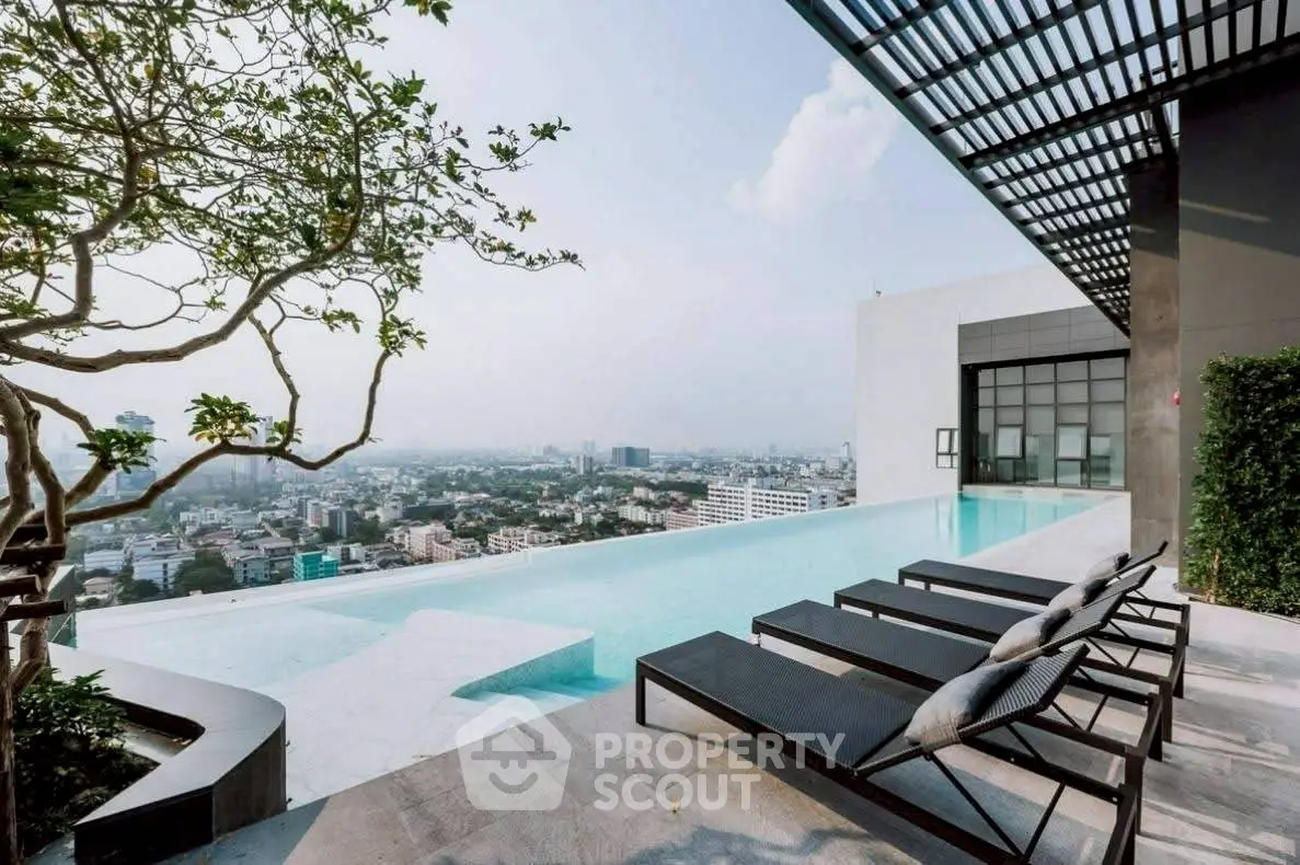 Luxurious rooftop infinity pool with stunning city skyline view and modern lounge chairs.