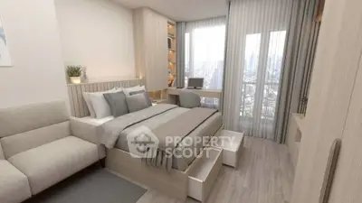Modern bedroom with city view, featuring built-in storage and cozy decor.