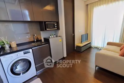Modern compact living room with kitchenette, washing machine, and cozy sofa, perfect for urban living.