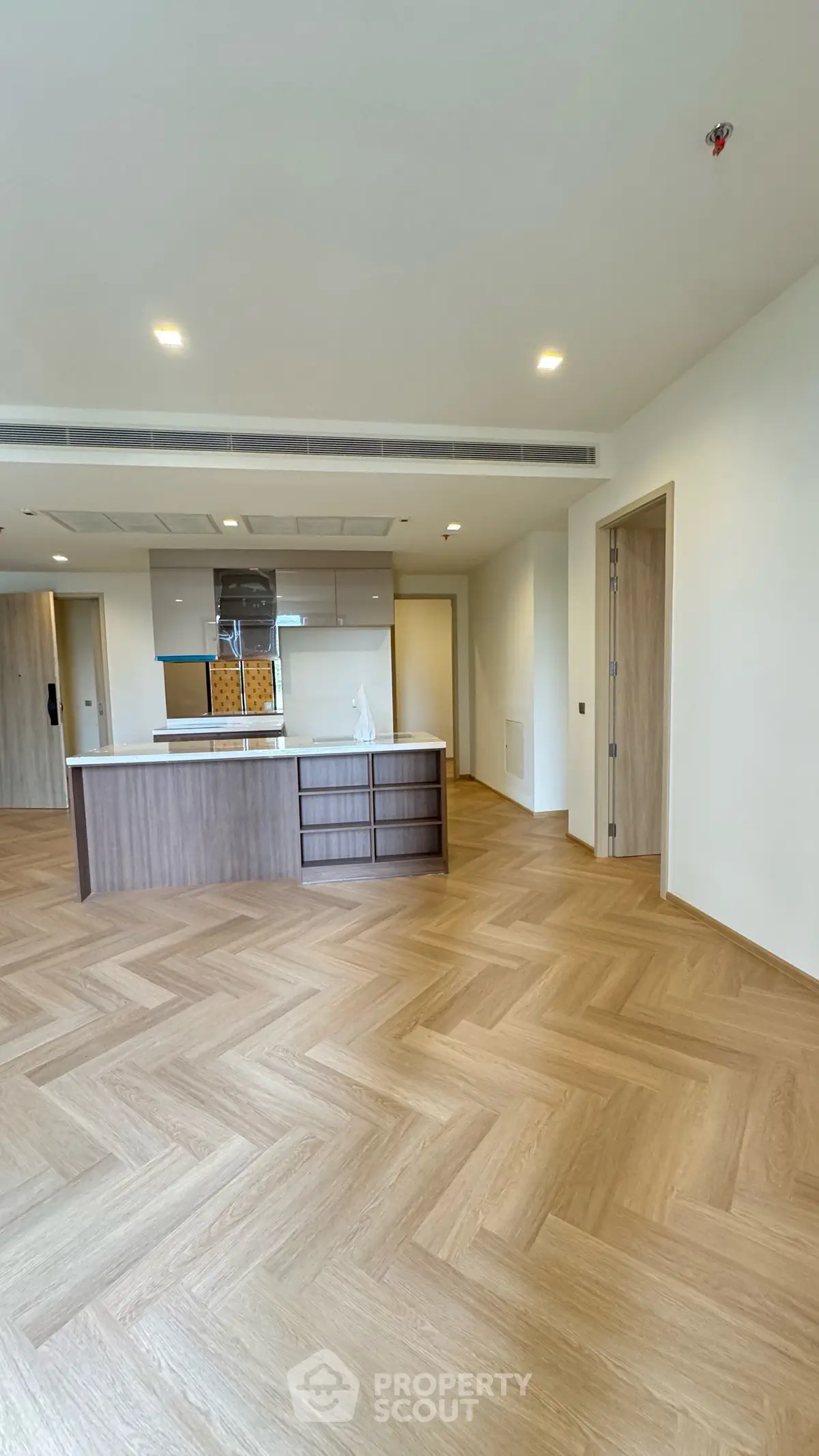 Spacious modern living room with open kitchen and elegant wooden flooring